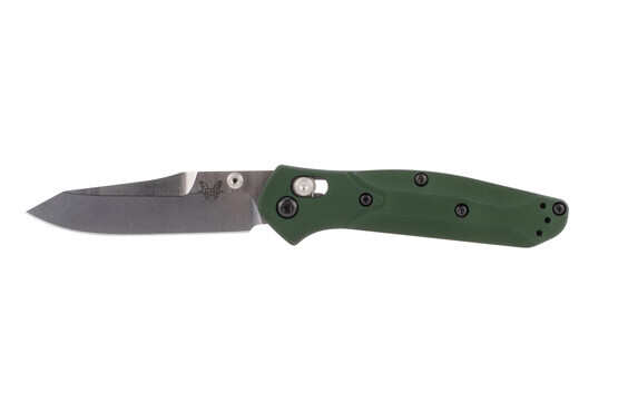 Benchmade Mini-Osborne folding knife with reverse tanto point and green handle.